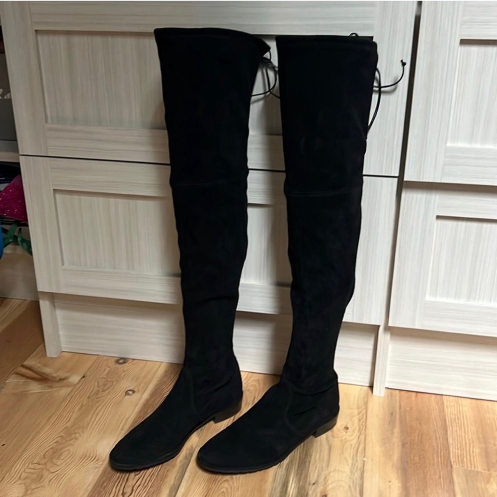 Stuart Weitzman Finn 50/50 Boots Women's 7 Black Block Heel Round Toe Pull On